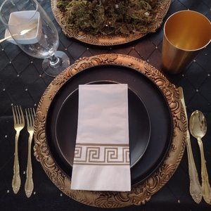 1st. set. NWT Dramatic midnight black ceramic plates with gold cups & 4 napkins.